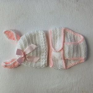 Handmade Crochet Baby Bunny White and Pink outfit.